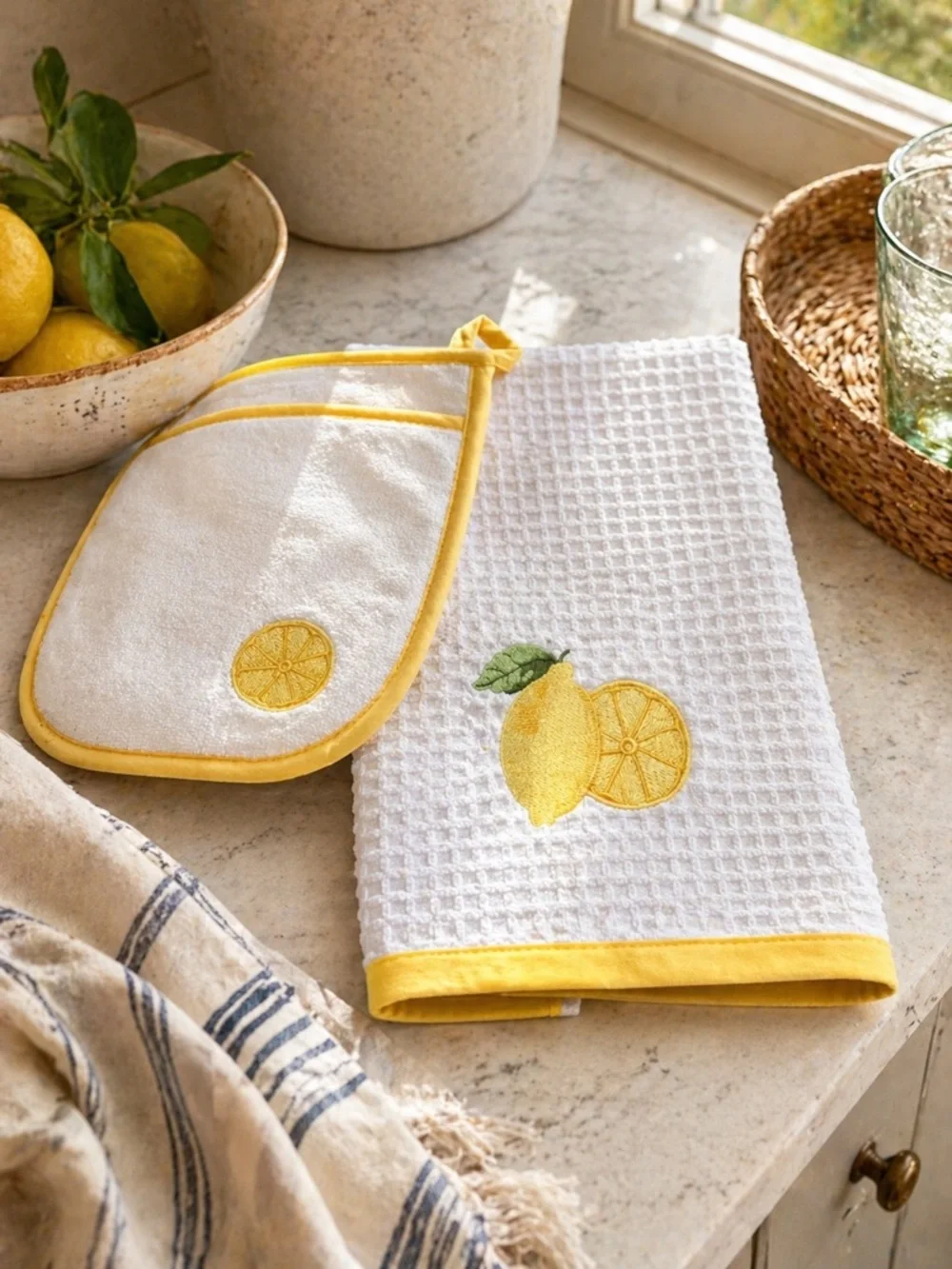LA PATISSERIE Lemon Kitchen Towel Pot Holder Set Turkish Cotton Waffle White 2Pc